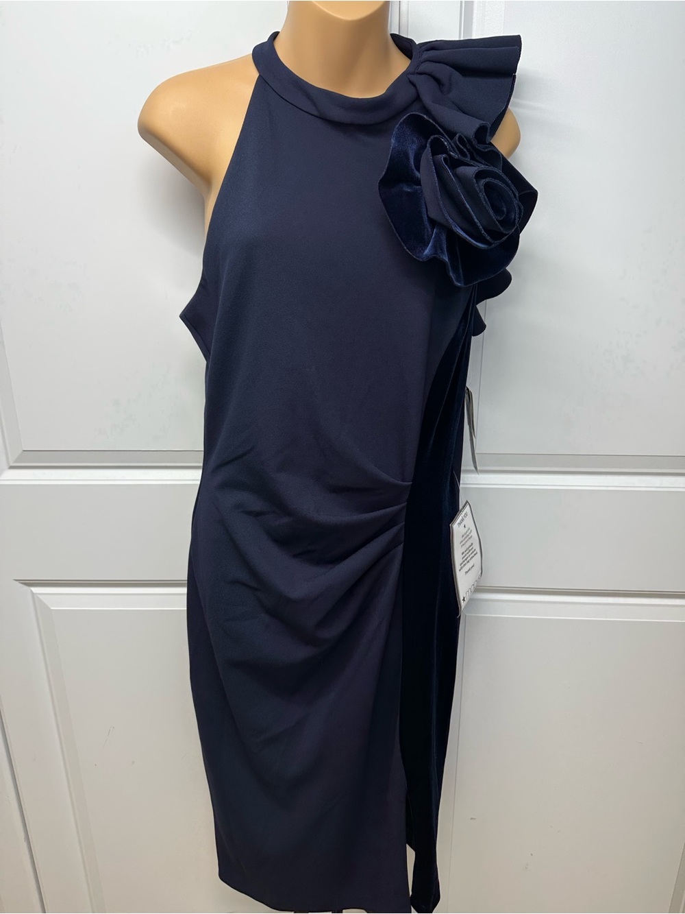 NWT Betsy & Adam Navy Blue Rosette Velvet Trim Halter Sheath Dress Size 12